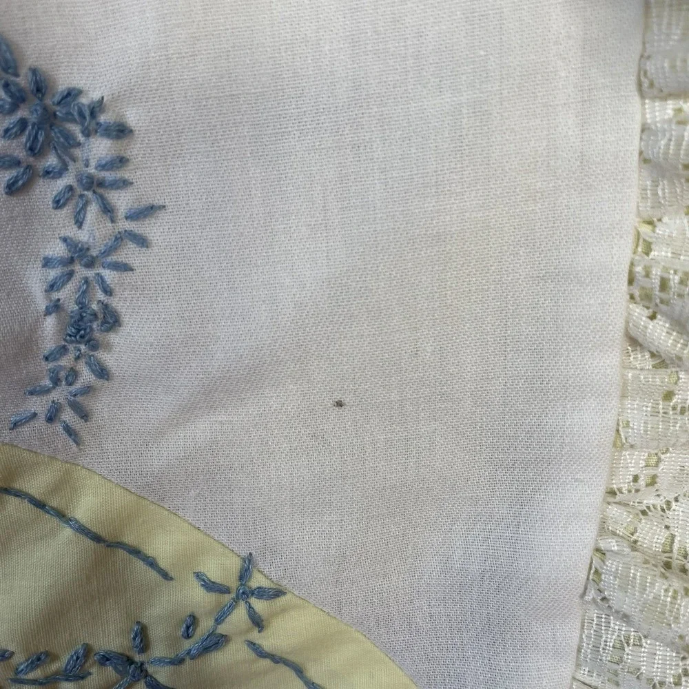 Vtg Hand Embroidered Table Runner Floral Pastel Lady Cottagecore Lace Trim